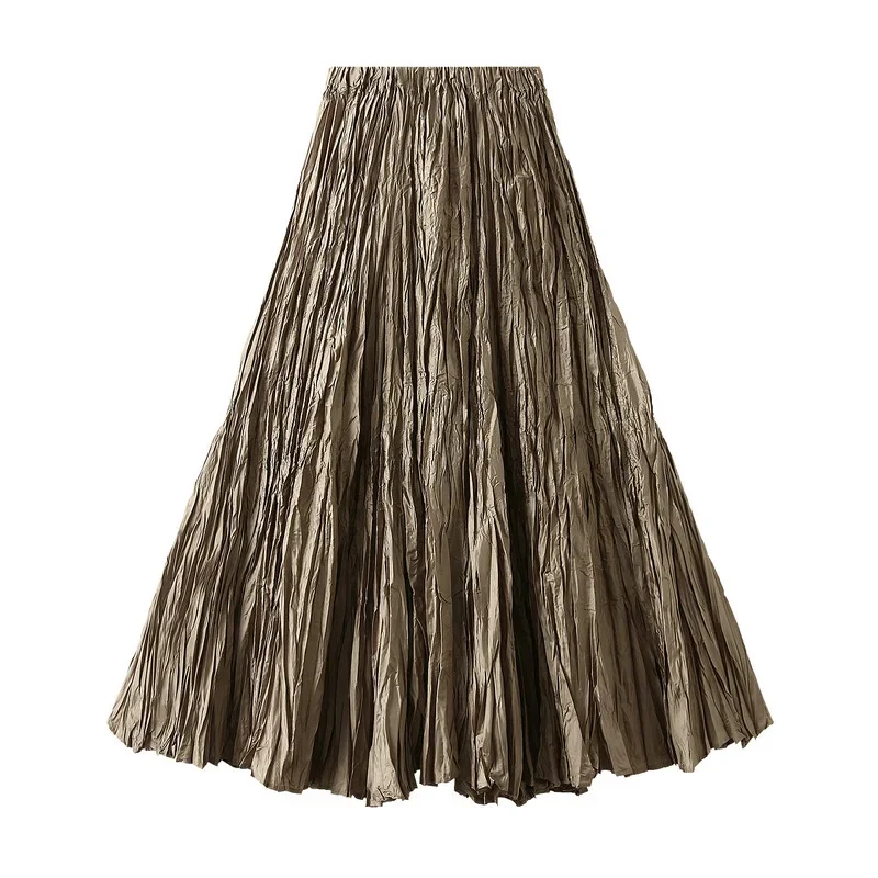 

2025 Women's Spring New Trendy Loose Casual Pleated Long Skirts Female High Waist Wrinkles Elegant Beach Vacation Skirts