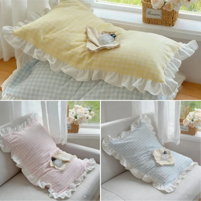 2PC 48x74cm Milk Velvet Plaid Pillowcase Ruffle Edge Decorative Pillow Cover Sofa Bedroom Bed Cushion Cover Home Decoration