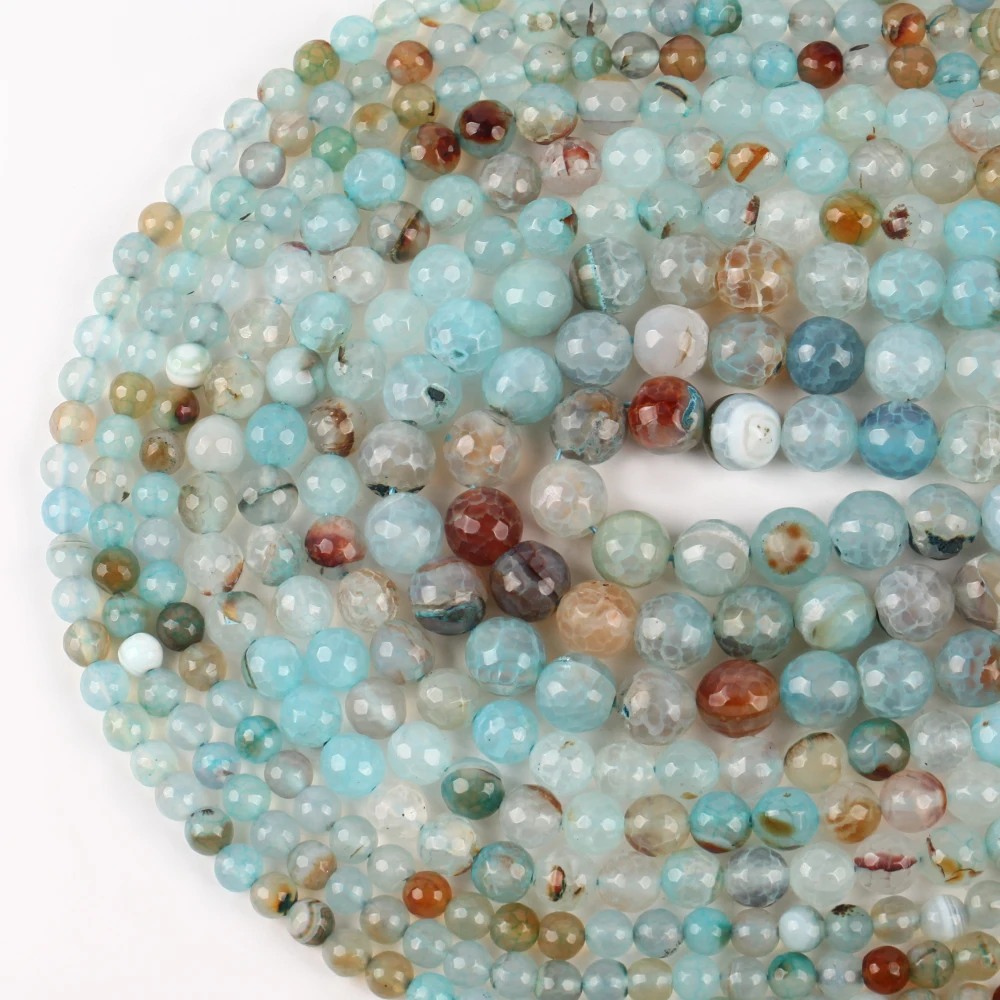 Natürliche 6-10mm Facettierte Aquamarin-Achat-Steine Runde Lose Abstandsperlen für Schmuckherstellung DIY Armbänder Ohrringe Zubehör