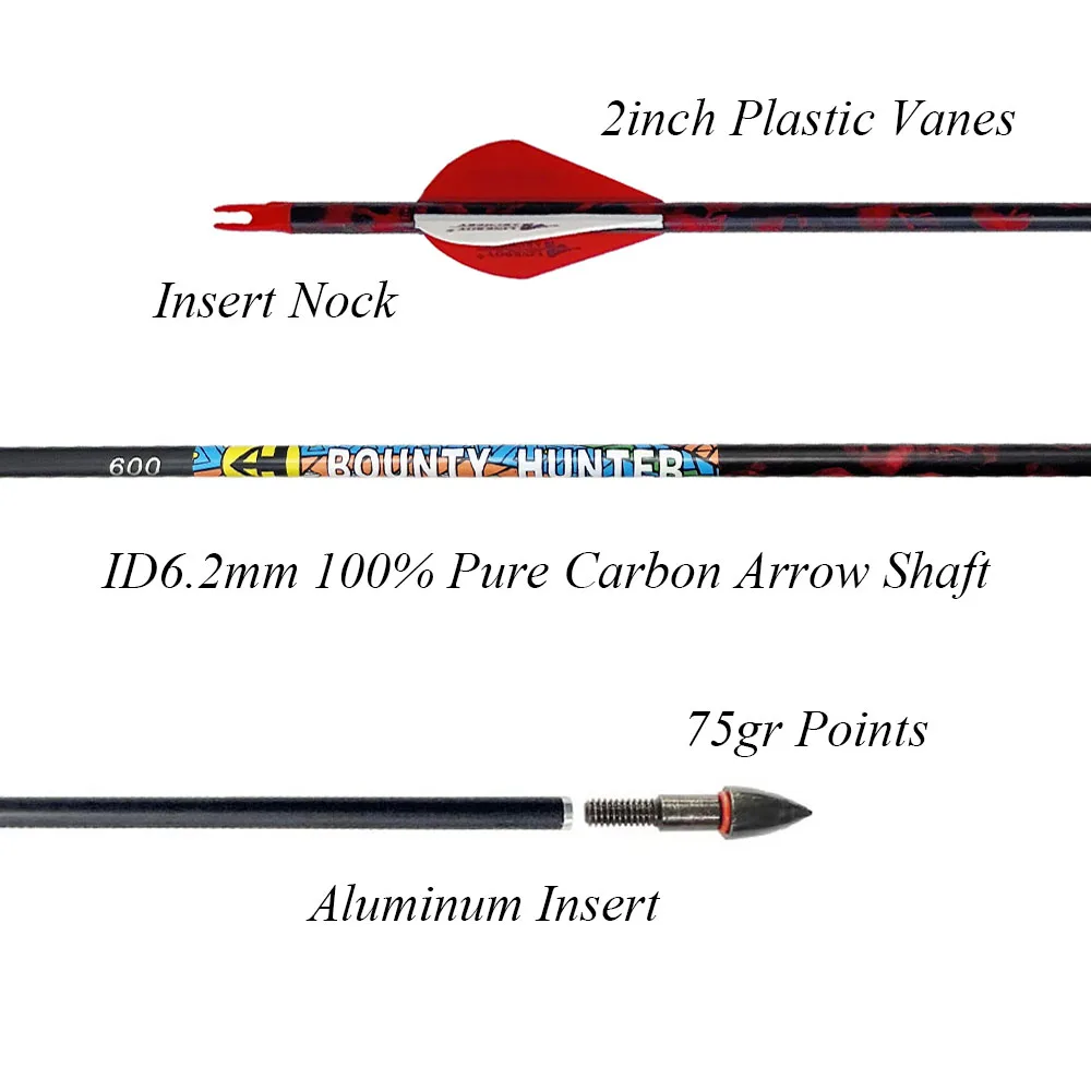 

Стрела из чистого углерода для стрельбы из лука 30/32 дюйма 6,2 мм Spine300-800 с 2-дюймовыми пластиковыми лопастями для охоты лука со складным/замрочным луком, 12 шт.