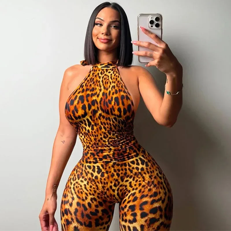 

Doyerl Halter Backless Leopard Jumpsuit Women Overalls Sleeveless Skinny Night Club Outfits Sexy One Pieces Rompers Birthday