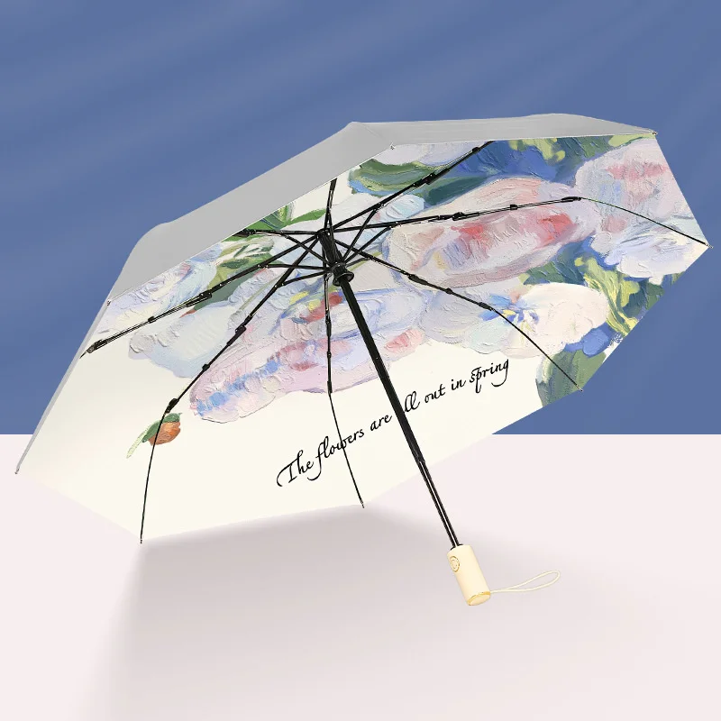 Automatic Sun Umbtrlla Women Rose Titanium Silve Coating UV Umbrella Floral High Quality Paraguas Resistente Al Viento