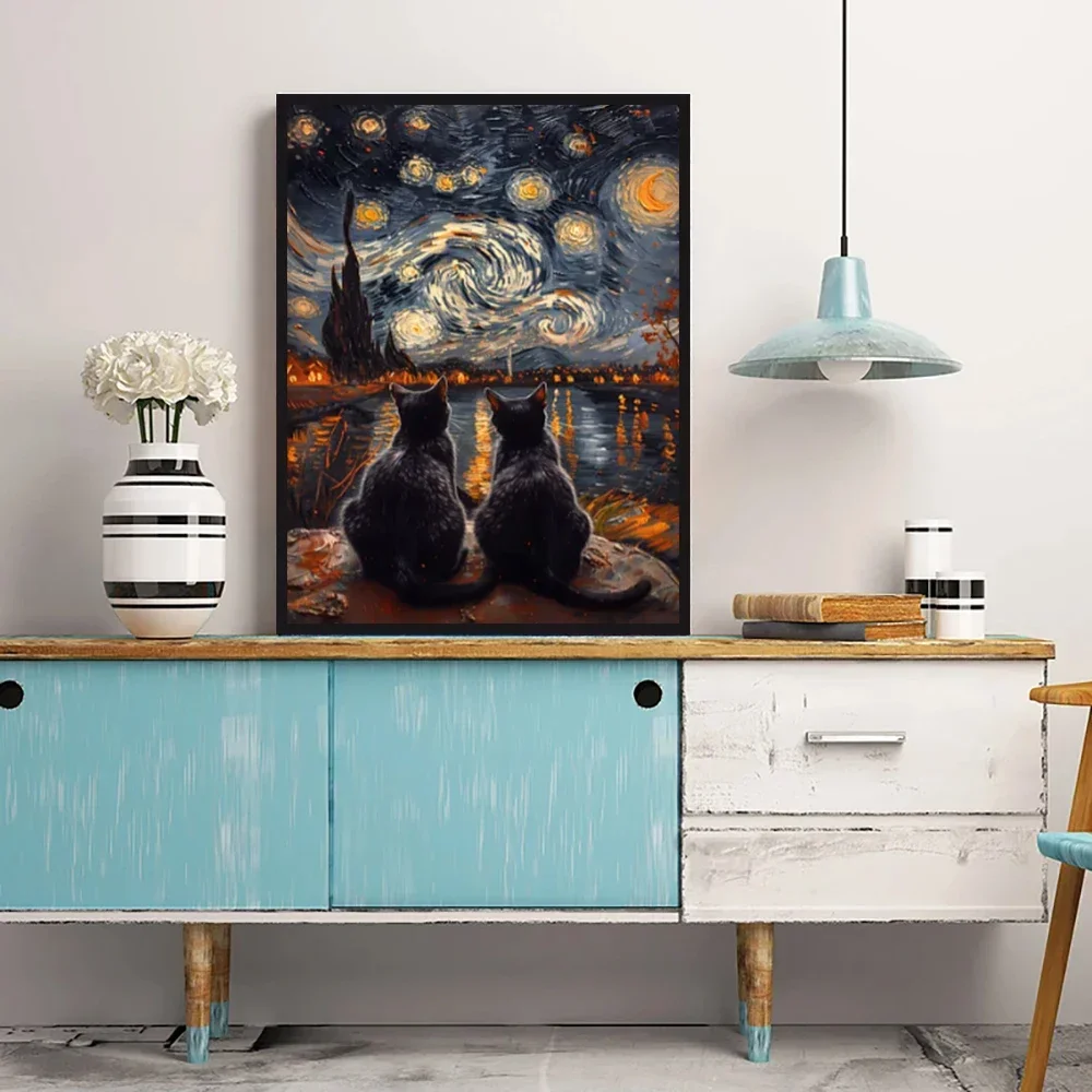 Famous Master Van Gogh Art Poster, Van Gogh Starry Sky and Cat Canvas Art Printing, Used for Room Wall Decoration, Frameless