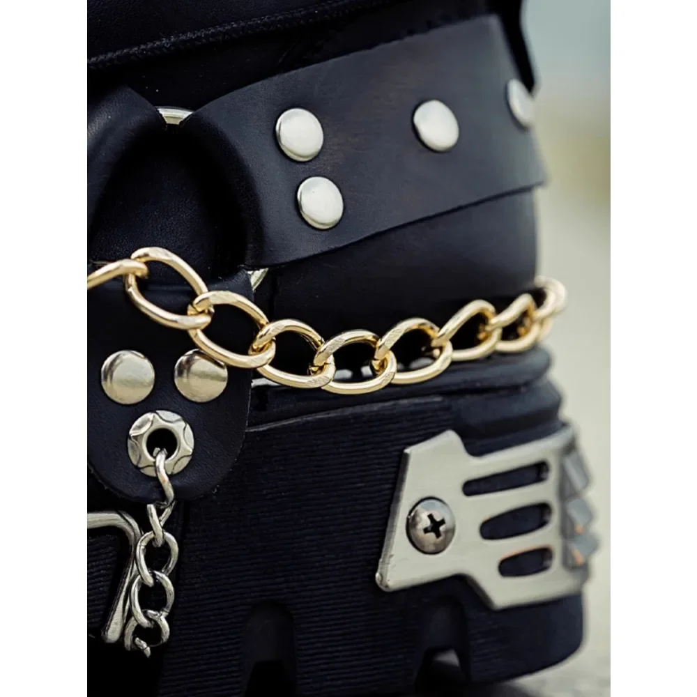 Men's Fashion Genuine Leather Motorcycle Boots,Punk Goth Skull Mid-calf Metal Chain Western Chelsea Boots Platform view 4