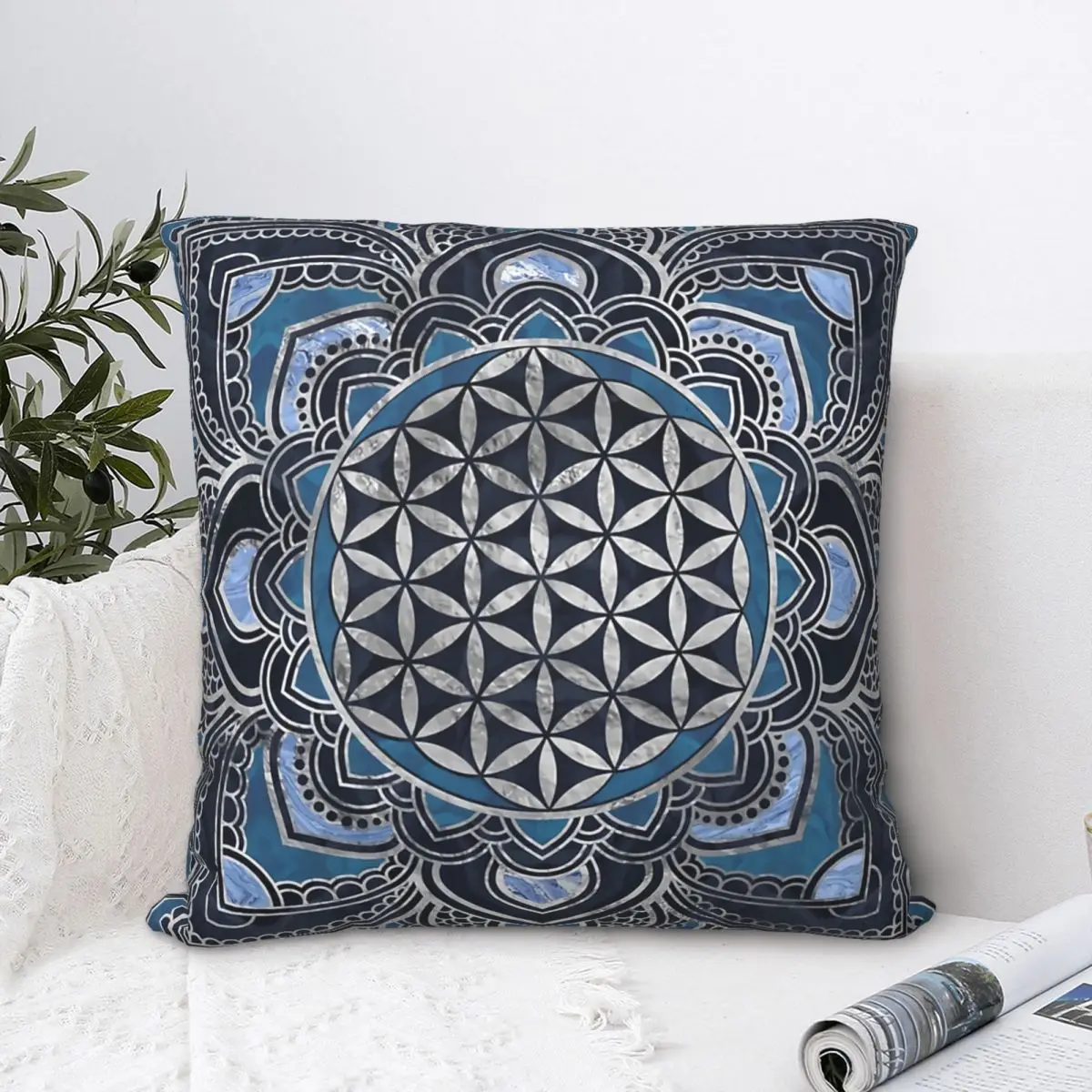 

Flower Of Life In Lotus Mandala Blue Crystal And Silver Throw Pillow Case Culture Backpack Hugpillow Case Soft For Home Decor