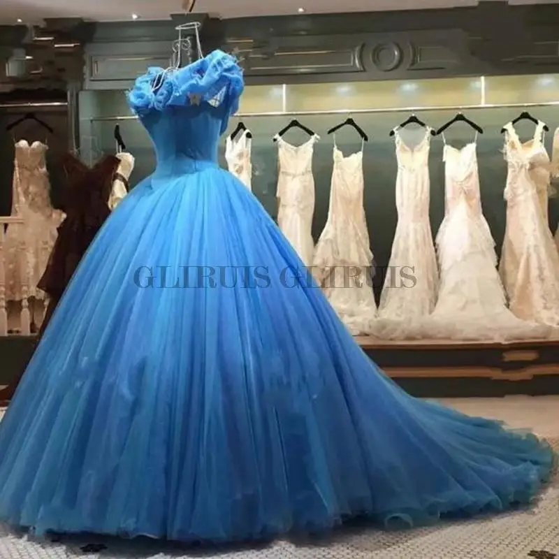 اسکائی بلیو سنڈریلا بال گاؤن Quinceanera ڈریس آف شولڈر لیس اپ Tulle Vestidos De 15 Años Birthday Party