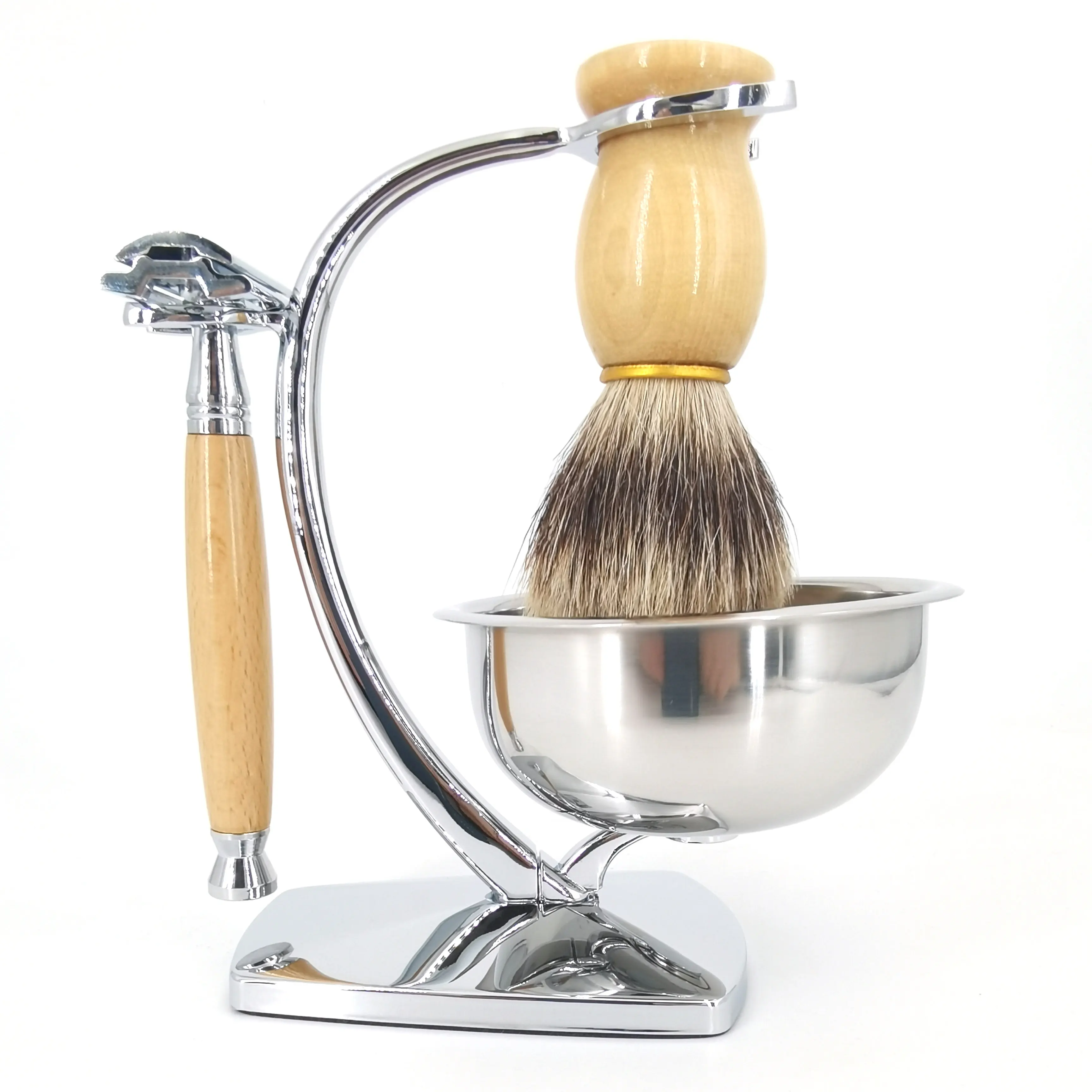 Premium 4-Piece Shaving Set: Beechwood Safety Razor, Badger Hair Shaving Brush, Stand, and Soap Bowl