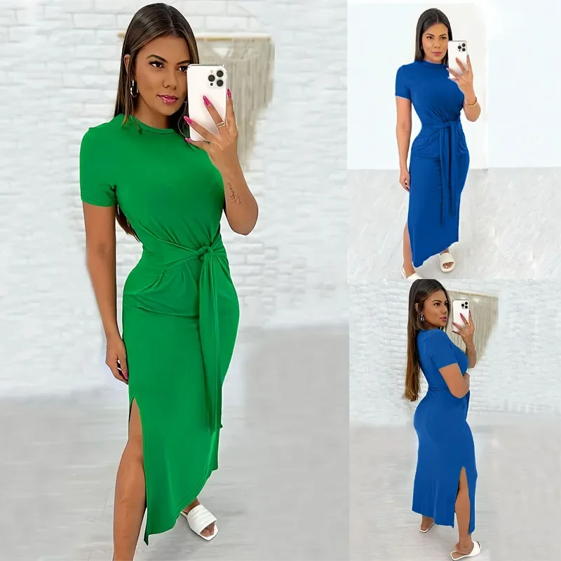 2025 New Arrival Popular Hot Sale INS Beach Women's Summer Solid Color Short Sleeve Slit Dresses Sexy Evening Fashion Prom Dress