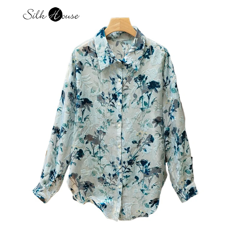 

Ленивый стиль, 63% натуральный шелковый шелк, женская золотая кожа, бархатный крой, цветочный темперамент, отложной воротник, рубашка с длинными рукавами
