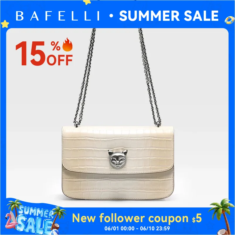 BAFELLI Premium Crocodile Grain Leather Square Bag Gradient Effect Cat Head Accent Chain Shoulder Strap Single Crossbody Use