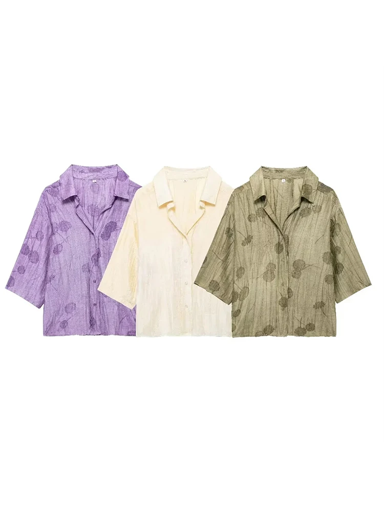 Camisas de manga corta con estampado de tejido Jacquard para mujer, camisas sueltas finas, Tops largos púrpuras de una sola botonadura, Verano