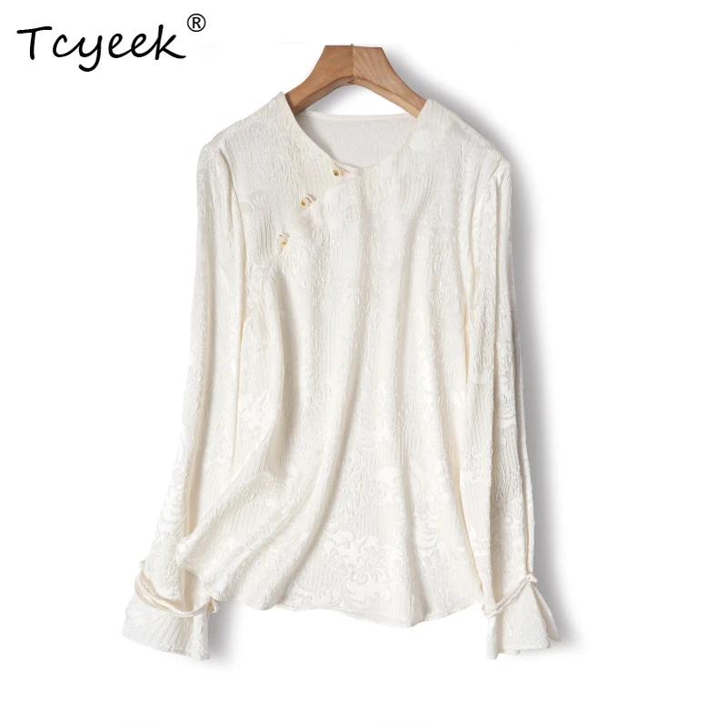 

Tcyeek 93% тутовый шелк, 7% спандекс, весна-лето, китайский стиль, однотонные женские рубашки с длинными рукавами и круглым вырезом