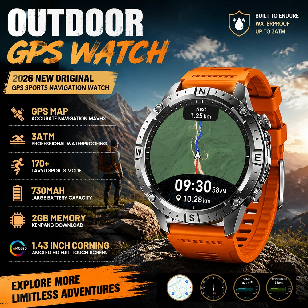 

New Outdoor Offline GPS Smart Watch Compass Altimeter Flashlight AMOLED HD Bluetooth Call 3ATM Waterproof Sports Smartwatch Men