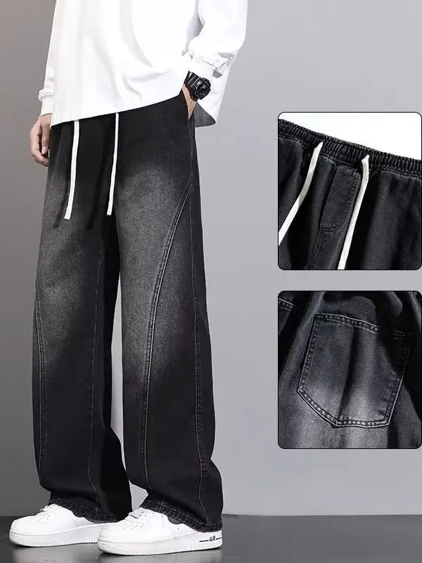 

American Retro Loose Men's Jeans Drawstring Straight Leg Wide Leg Pants High Street Versatile Trendy Long Pants for Men