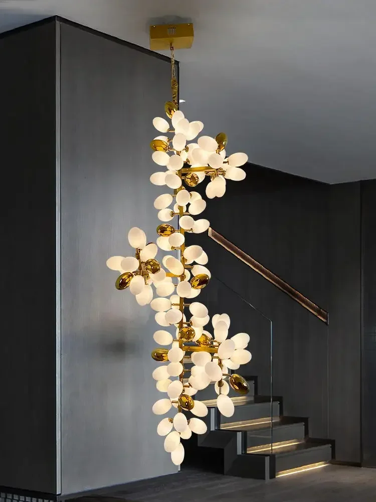 Post-modern light luxury all copper glass chandelier duplex staircase magic bean lamp French living room dining room chandelier