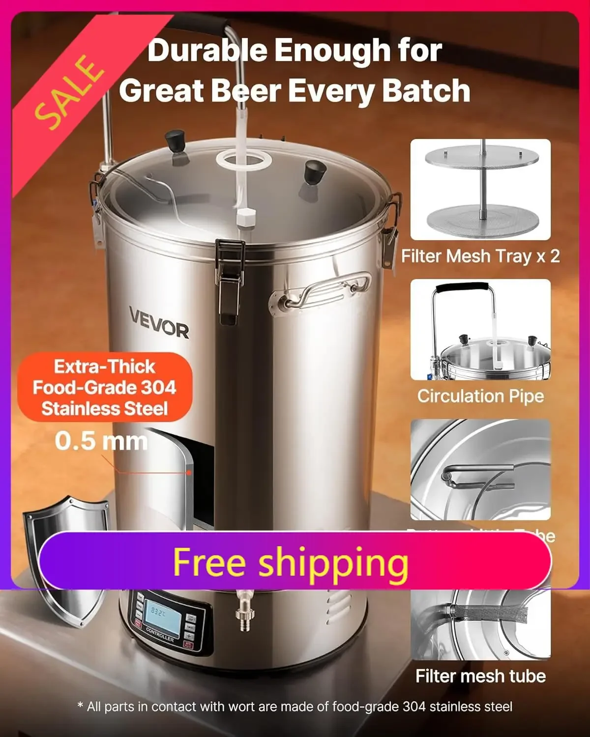 VEVOR Beer Brewing Equipment, 16 Gal/60L Beer Maker with Anti-Burn Pump and Wort Chiller,3000W All-in-One Home Brewing Kit with