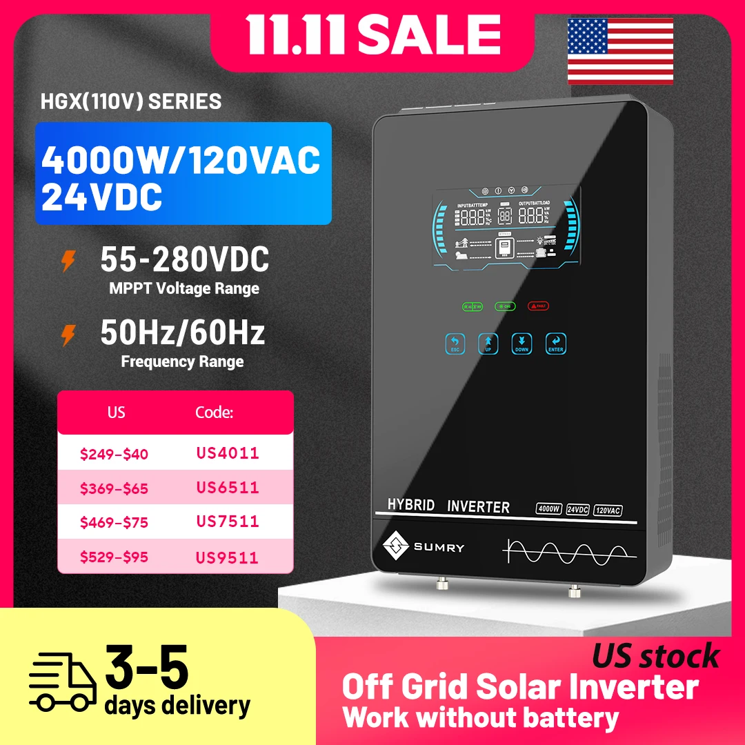 Sumry 4KW 120V Off Grid Solar Inverter 24V 140A 5600W MPPT Charger Pure Sine Wave Home Inverter 6.25 Inch LCD Display