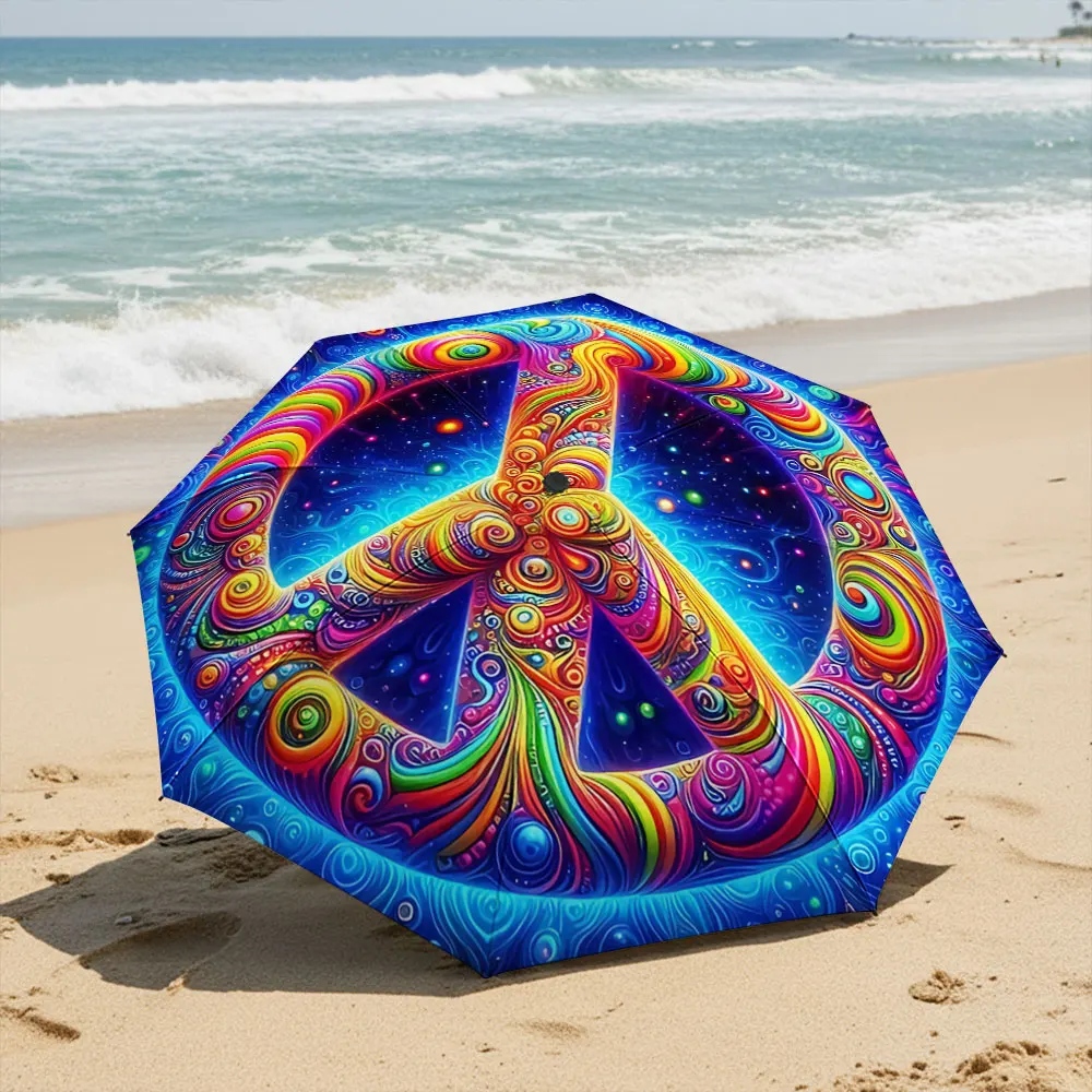 Colorful Psychedelic Peace Symbol Umbrella Design Compact Fashion Folding Umbrella for Daily Use, Christmas Gift