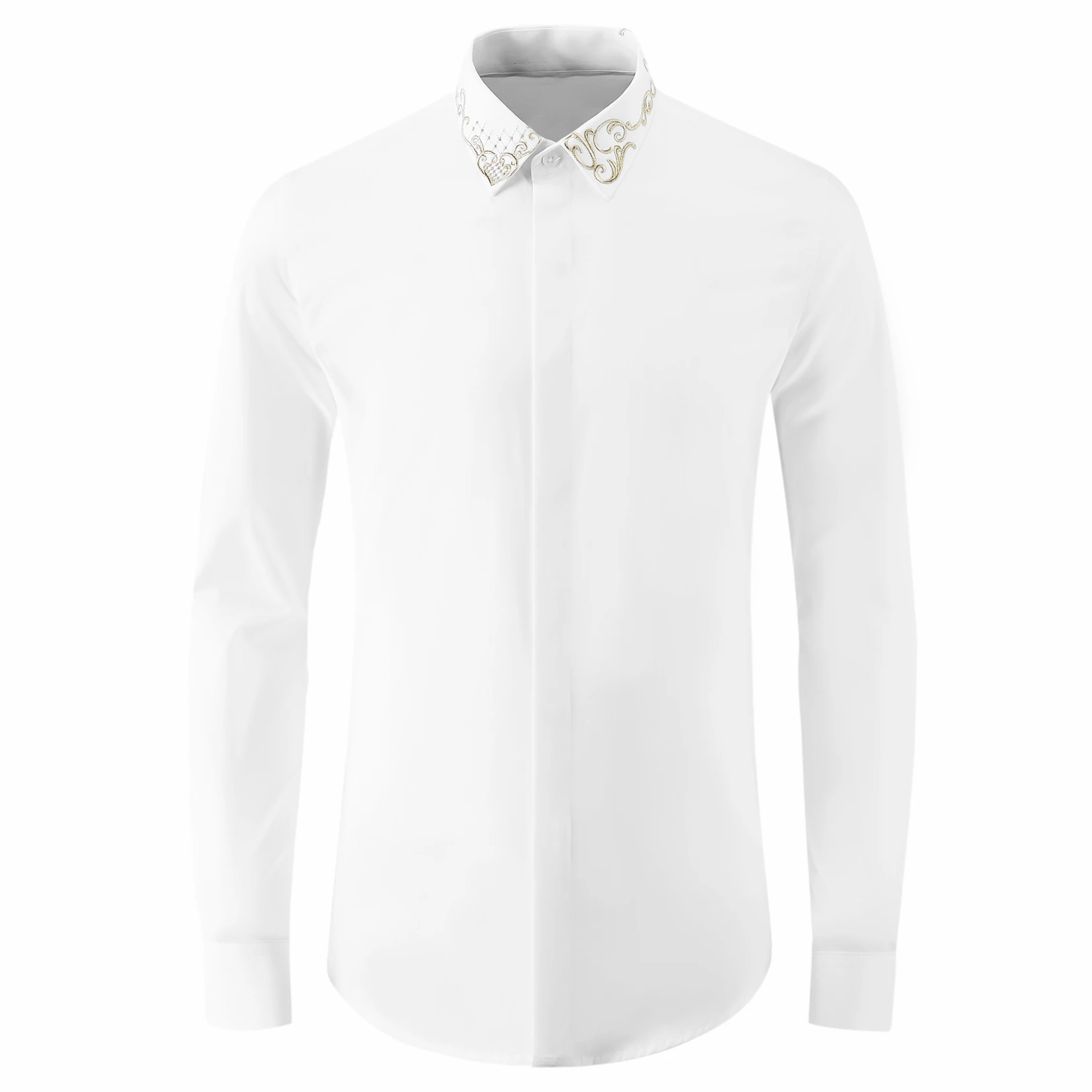 Royal Embroidered Men's Shirt Long Sleeve Slim Fit Cotton Shirts High Quality Business, Social, Banquet, Formal Dress Shirts Top