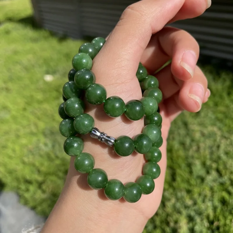 Natural Hotan Old Mine Material Spicy Spinach Green Round Bead Women'S Jade Necklace