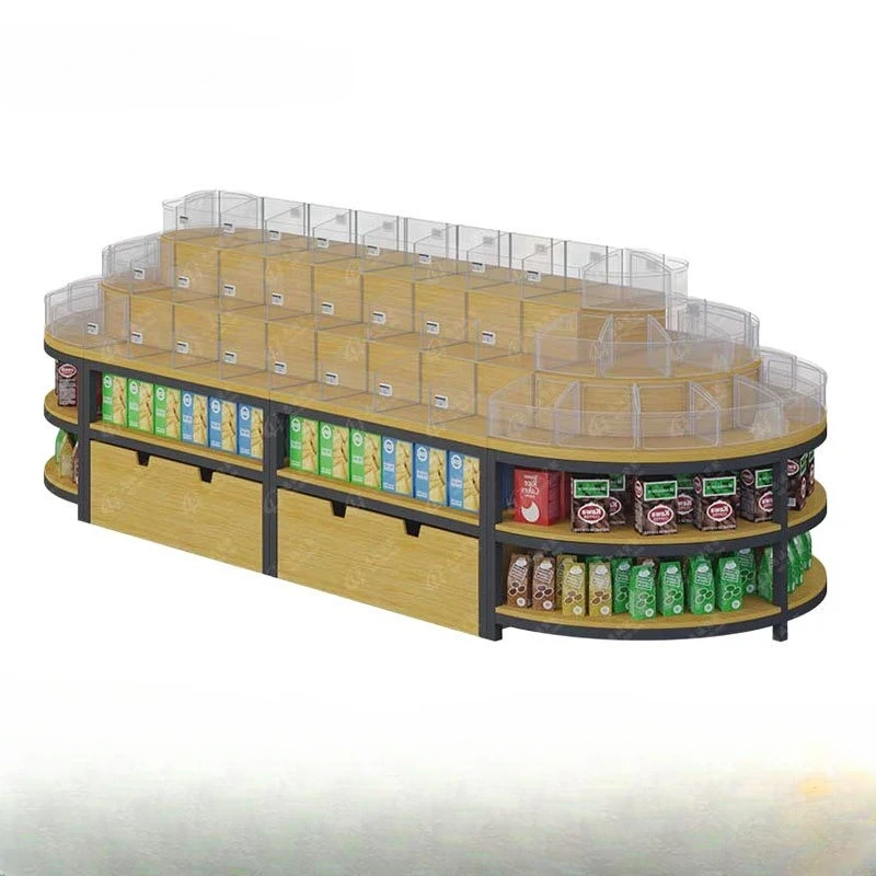 Supermarket scattered candy, snack food, steel and wood combined with multi-layer display cabinet, biscuits do not contain lids