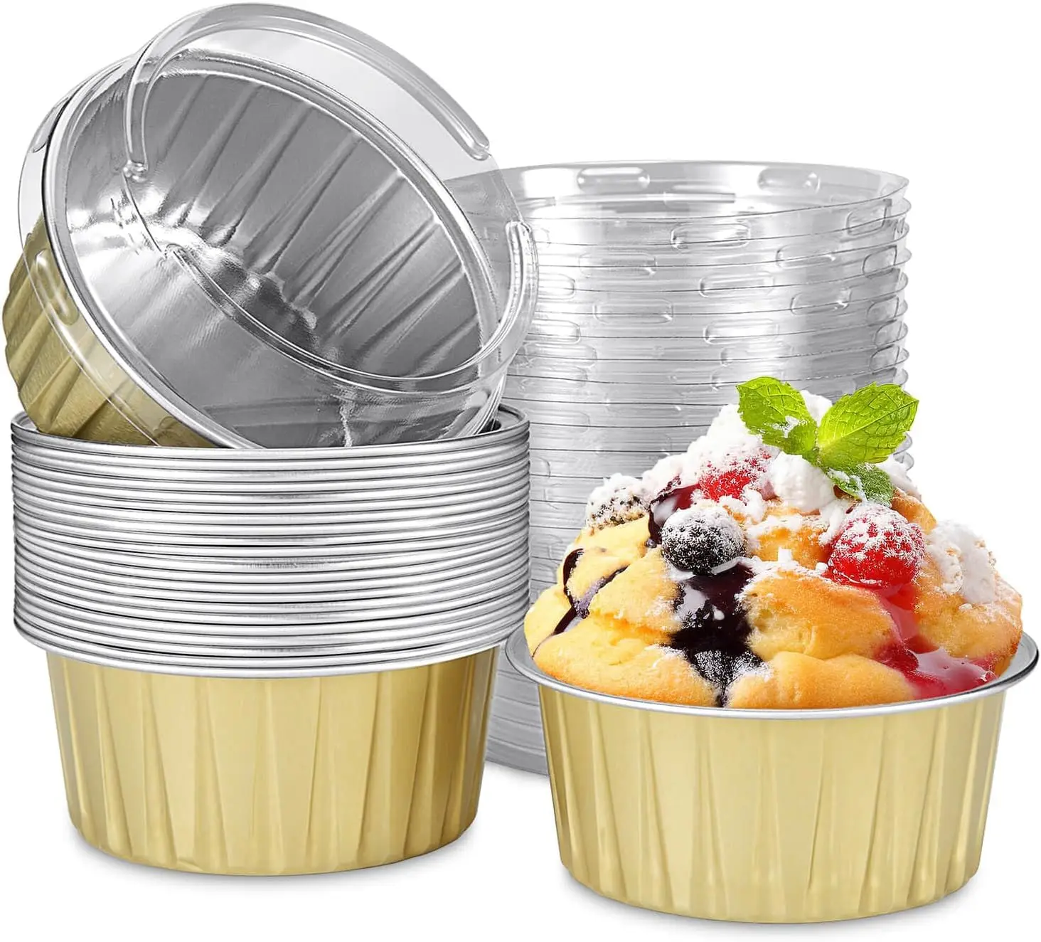 20 Gold Cake Molds with Lids, 5oz Foil Round Disposable Cupcake Liners, Baking Pots, Suitable for Parties and Other Occasions