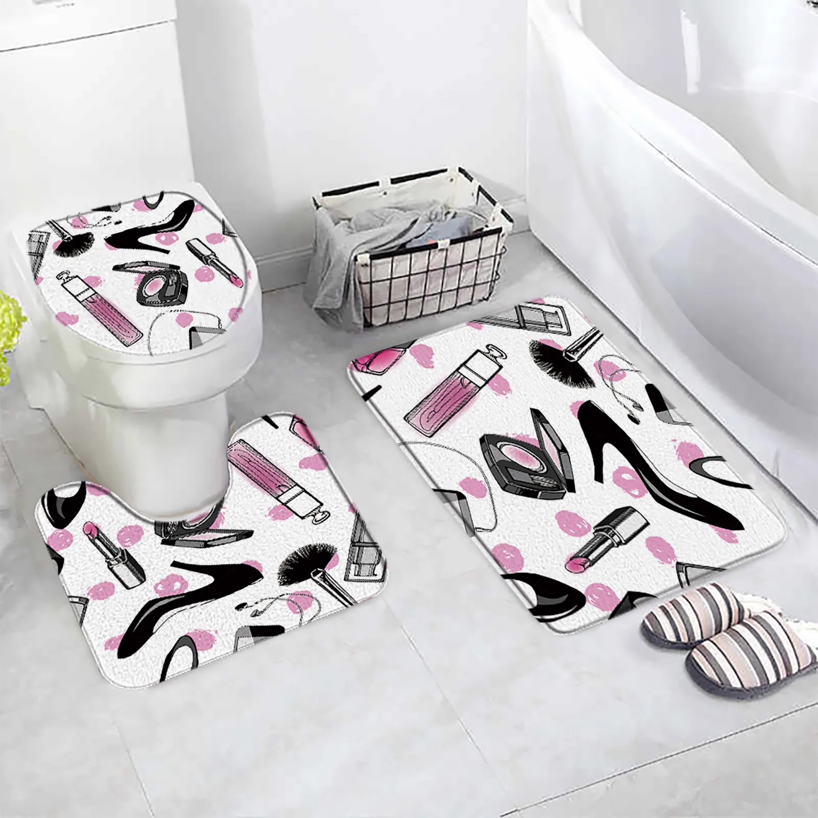 Pink Floral Perfumed Bath Mat Set Hello Gorgeous Black White Stripe Fashion Home Carpet Bathroom Decor Floor Rugs Toilet Cover