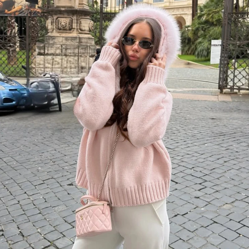 TARUXY Damen Strickjacke mit Kapuze, Flauschigem Kunstfellkragen, Zwei-Wege-Reißverschluss, Einfarbig, Locker Geschnittene Freizeitjacke 2026 Herbst Winter