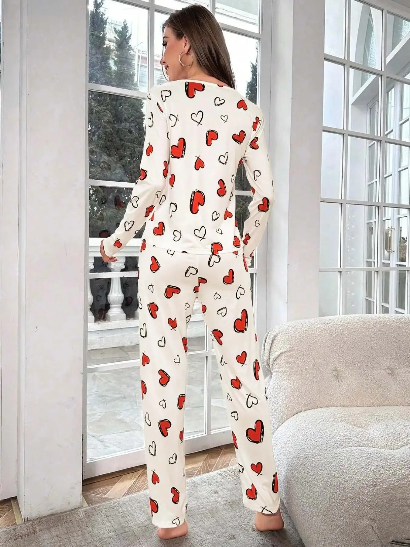 Heart Print Pajama Set Long Sleeve Crew Neck Top & Elastic Waistband Pants Women\'s Sleepwear & Loungewear