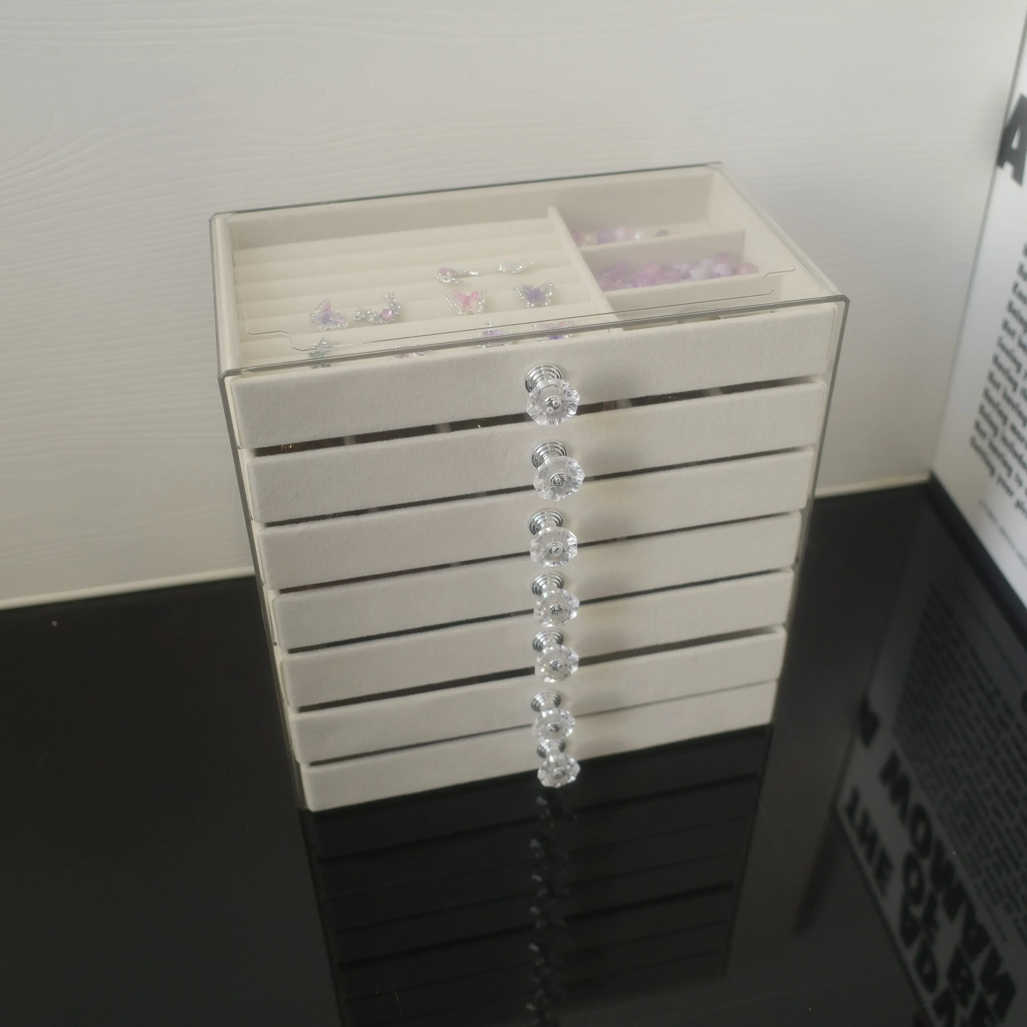 5-7 ярусный пыленепроницаемый акриловый органайзер для ювелирных изделий, элегантный современный прямоугольный настольный витрина, шкатулки для драгоценностей и упаковка