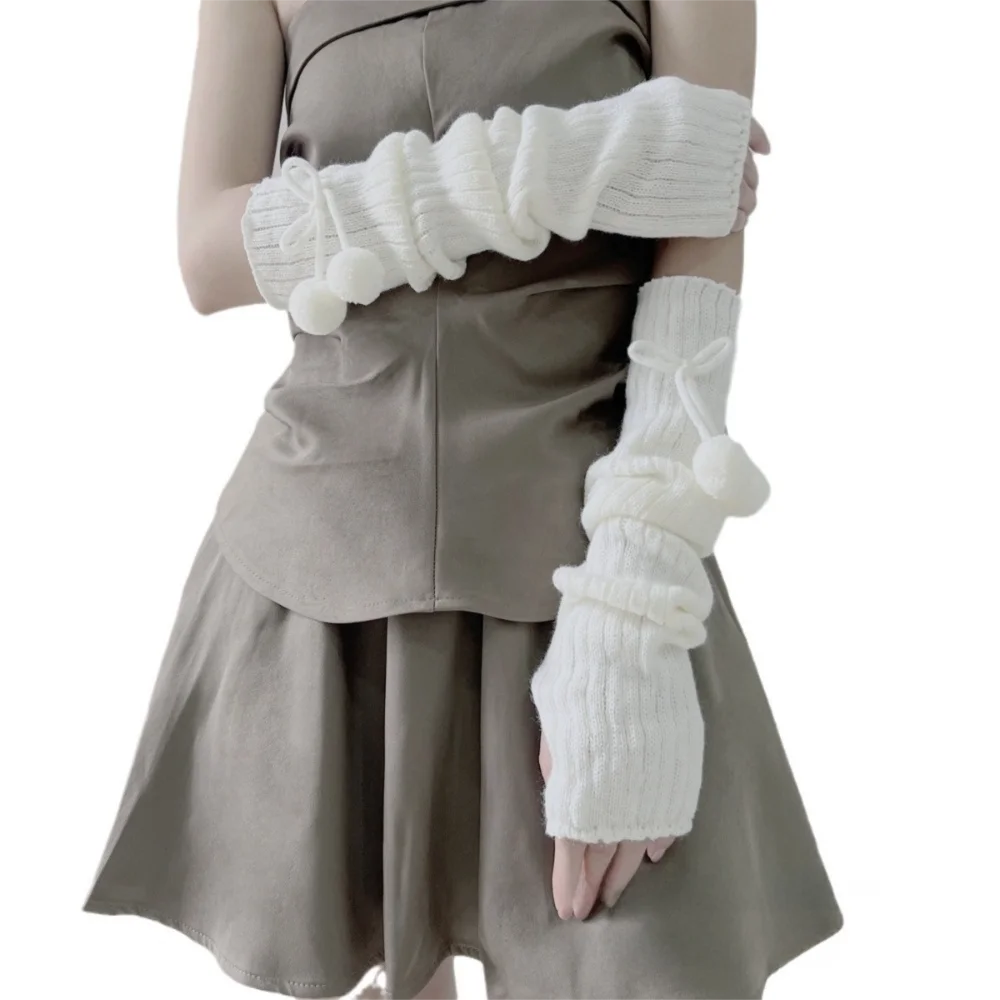 Fashion Long Arm Warmer Gloves Knitted Cute Furry Ball Warm Arm Sleeve Cold Proof Fingerless Gloves Autumn Winter