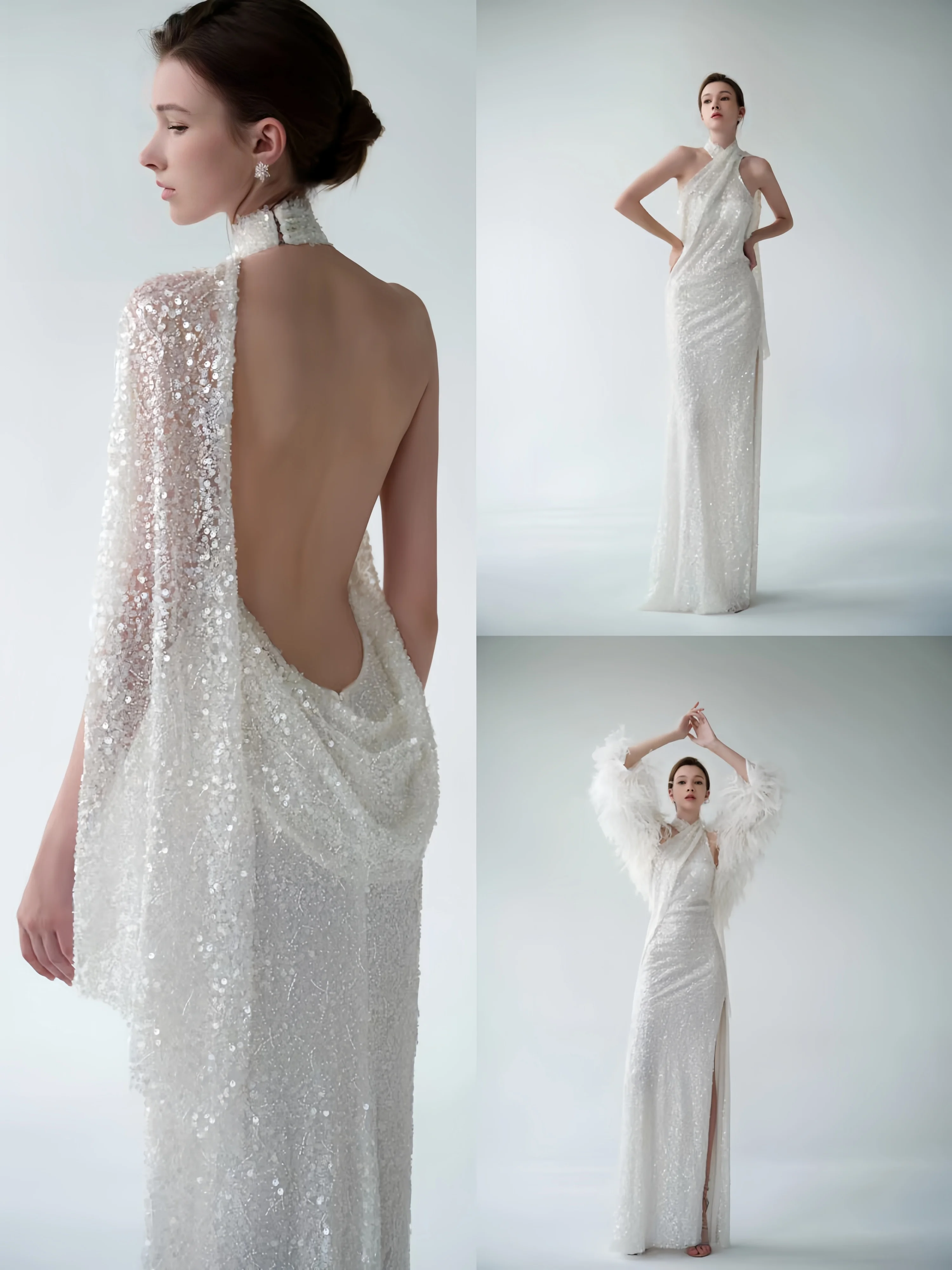 Shiny Vintage White Celebrity Gown Sexy Open Back Side Slit Cuffless Sequins Ladies Formal Occasion Prom Evening Dress