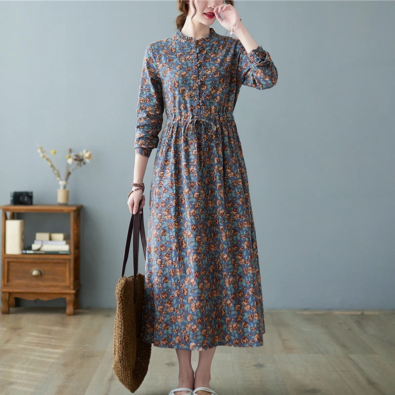 

Loose Floral Print Belted Waist Slimming Midi Dress Korean Style Autumn New Arrival Women's plus Size Cotton Long Sleeve Dress