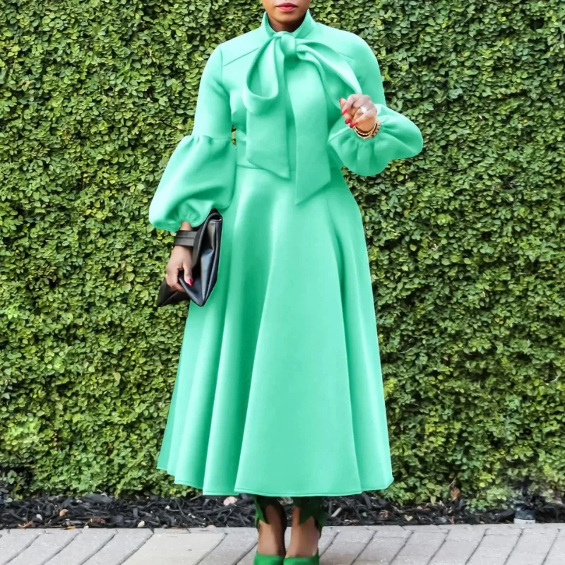 

Women Bowknot Collar Lantern Long Sleeve Big Swing Maxi Long Dress 2025 Autumn Winter Sexy Party Even Dresses Vestidos