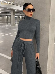 Clacive Winter Slim Gray 2 Piece Sets Women Outfit Fashion Long Sleeve Crop Top With High Waist Wide Pants Set Female Streetwear