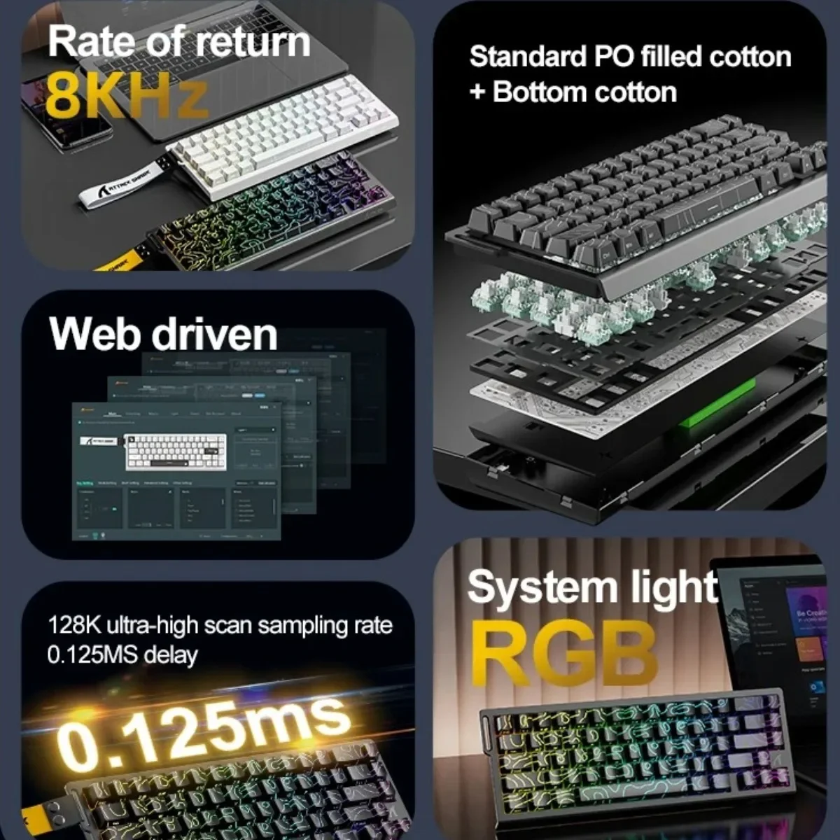 ATTACK SHARK X68HE لوحة مفاتيح سلكية RGB مفتاح مغناطيسي 8K تأخير منخفض 0.01 مللي متر دقة RT 128K معدل المسح الضوئي Esports لوحة مفاتيح الألعاب