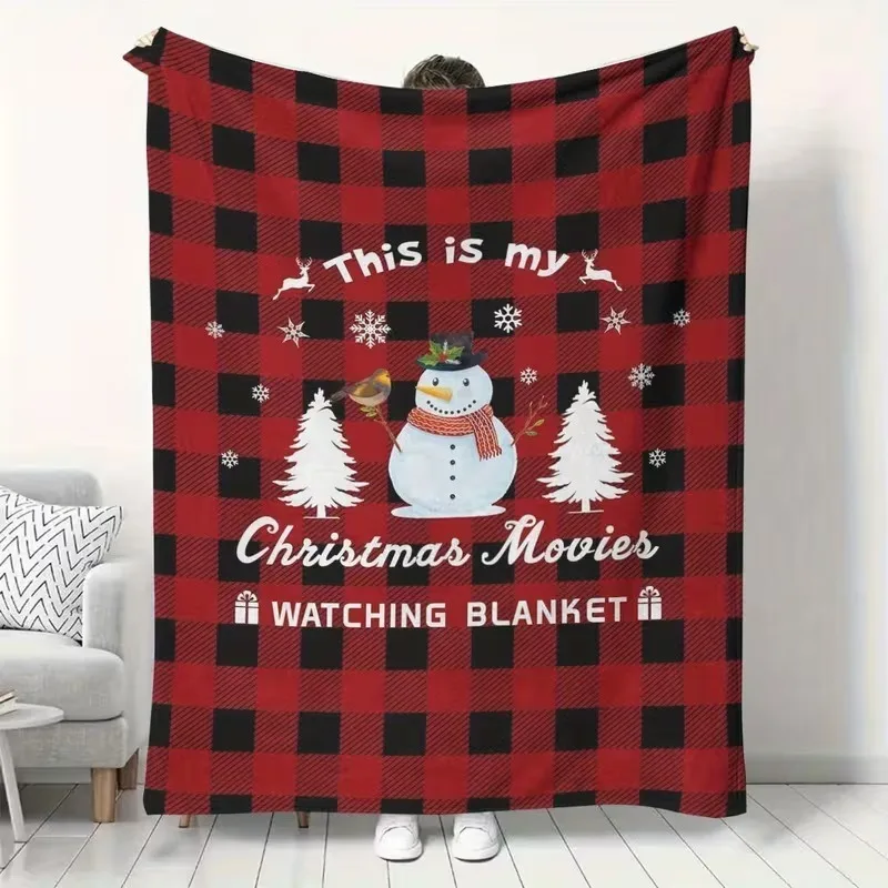 Winter Holiday Decor Throw Blanket Red Buffalo‑Check Plaid Snowman Bird Christmas Movie Watching Themed Pattern Soft Blanket