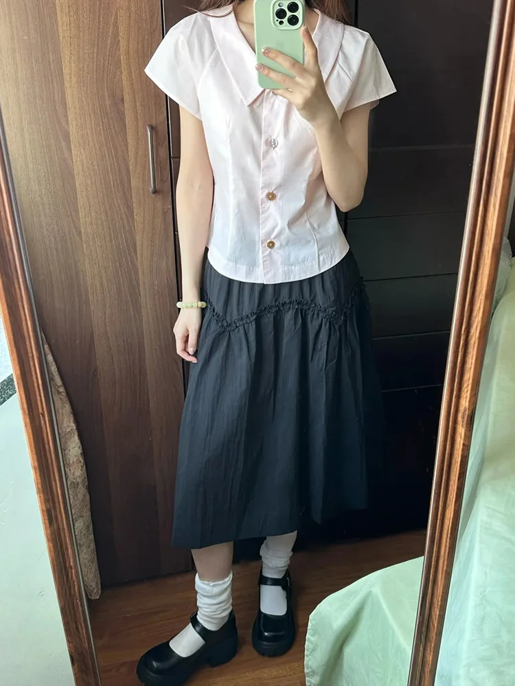 

Черная юбка трапециевидной формы с высокой талией и плиссированным V-образным вырезом, утягивающие женские модные летние юбки f-длины