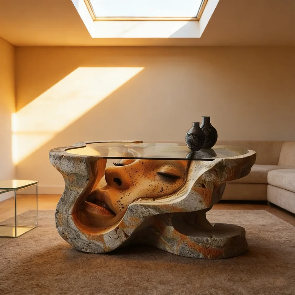 mnArtistic Coffee Table Irregular Sculpture Side Center Glass Handmade Unique Face Human Statue Design Living Room Furniture*
