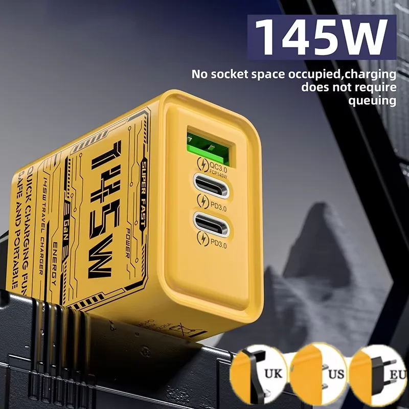 145 Вт, 3 порта, быстрое зарядное устройство USB Type C, быстрое зарядное устройство для мобильного телефона, адаптер для зарядного устройства с вилкой ЕС, США, Великобритании для iPhone 16 Pro Samsung
