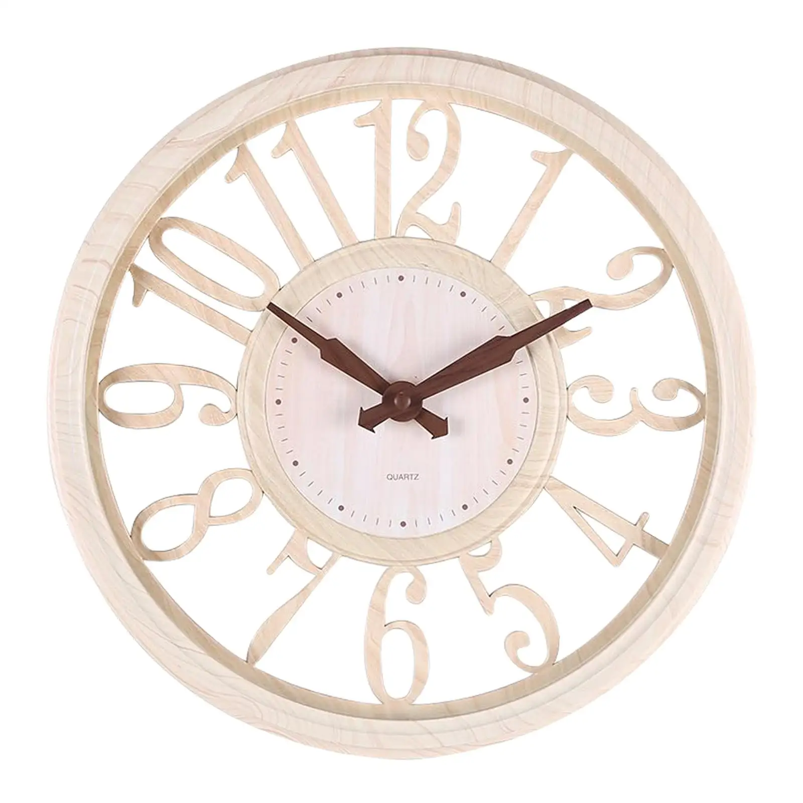 European Style Wall Clock Hollow Wood Pattern Battery Operated for Office