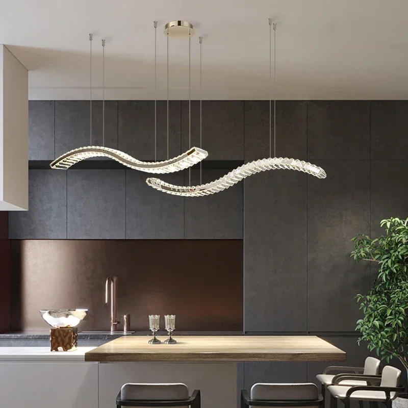Luxury Home Decor Island Hanging Crystal Shine LED Chandelier For Dining Room Wave Design Modern Crystal Light Fixture