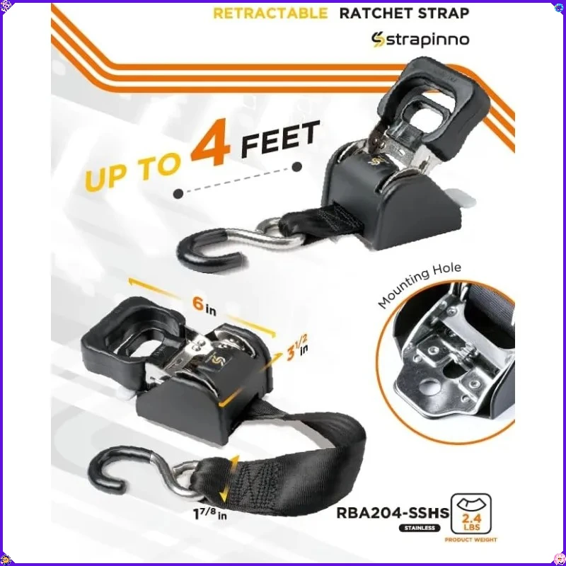 2-Piece 1 7/8" x 4' Stainless Steel Retractable Ratchet Straps - 1,650 lb Breaking Strength for Easy and Convenient Use