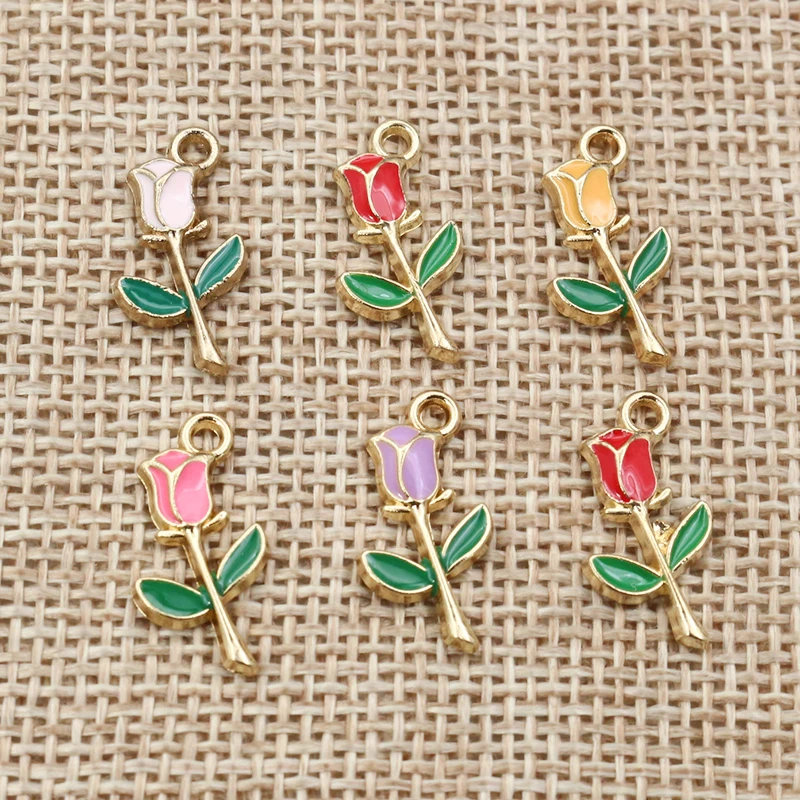 20pcs 18x9mm Enamel Rose Flower Charms Pendant Small DIY Jewelry Making Accessories Findings for Necklace Bracelet Earrings