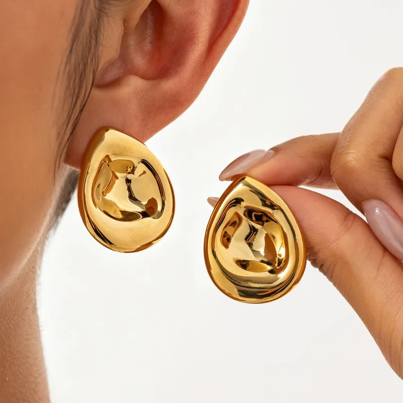 Fashion Stainless Steel Round Wrinkled Stud Earrings for Women Gold Tone Teardrop Shape Textured Minimalist Vintage Ear Jewelry