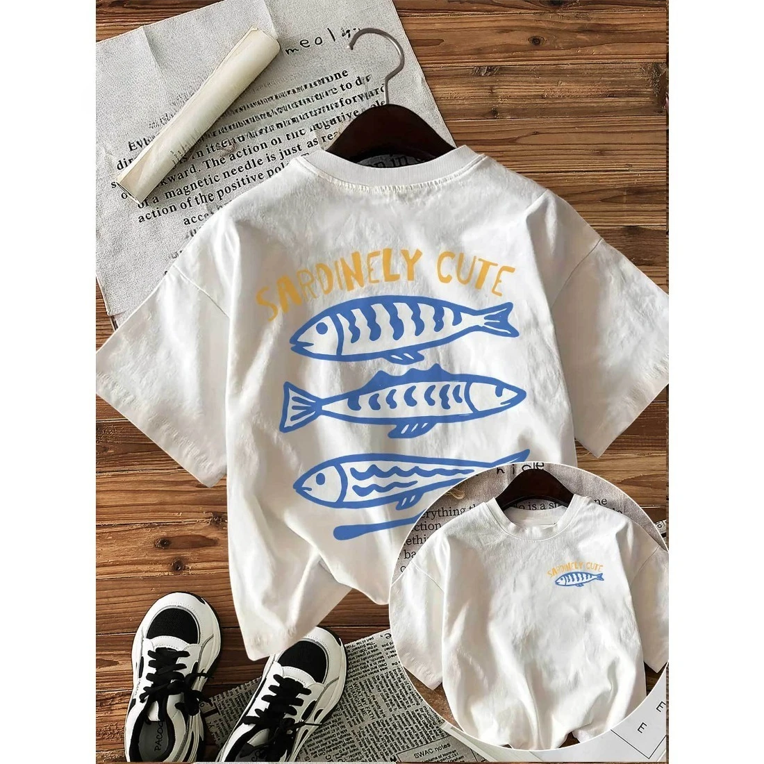 Children's Round Neck T-shirt Fashion Loose Soft Comfortable Breathable Sardine Lemon Hand-painted Pattern Printed Top
