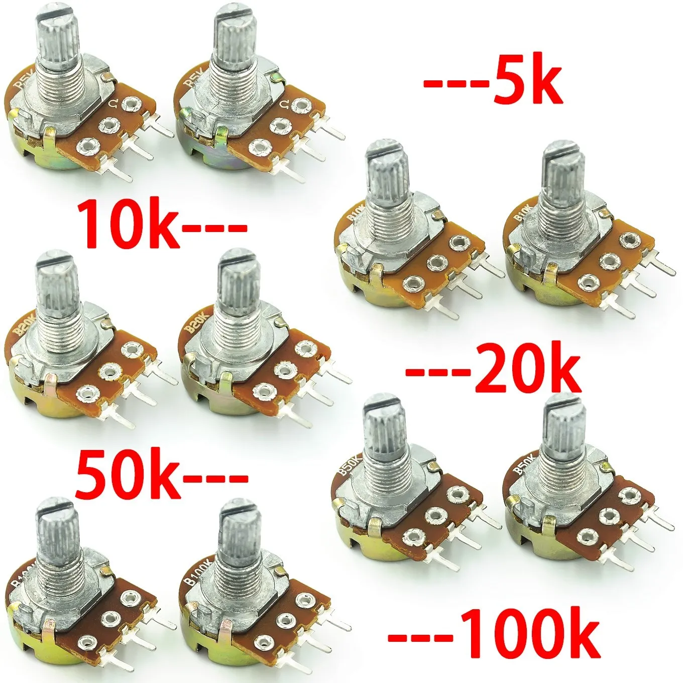 5PCS WH148 3PinB5K 10K 20K 50K 100K 250K 500KΩ 1M Ohm Linear Taper Rotary Potentiometer Resistor 15mm Shaft