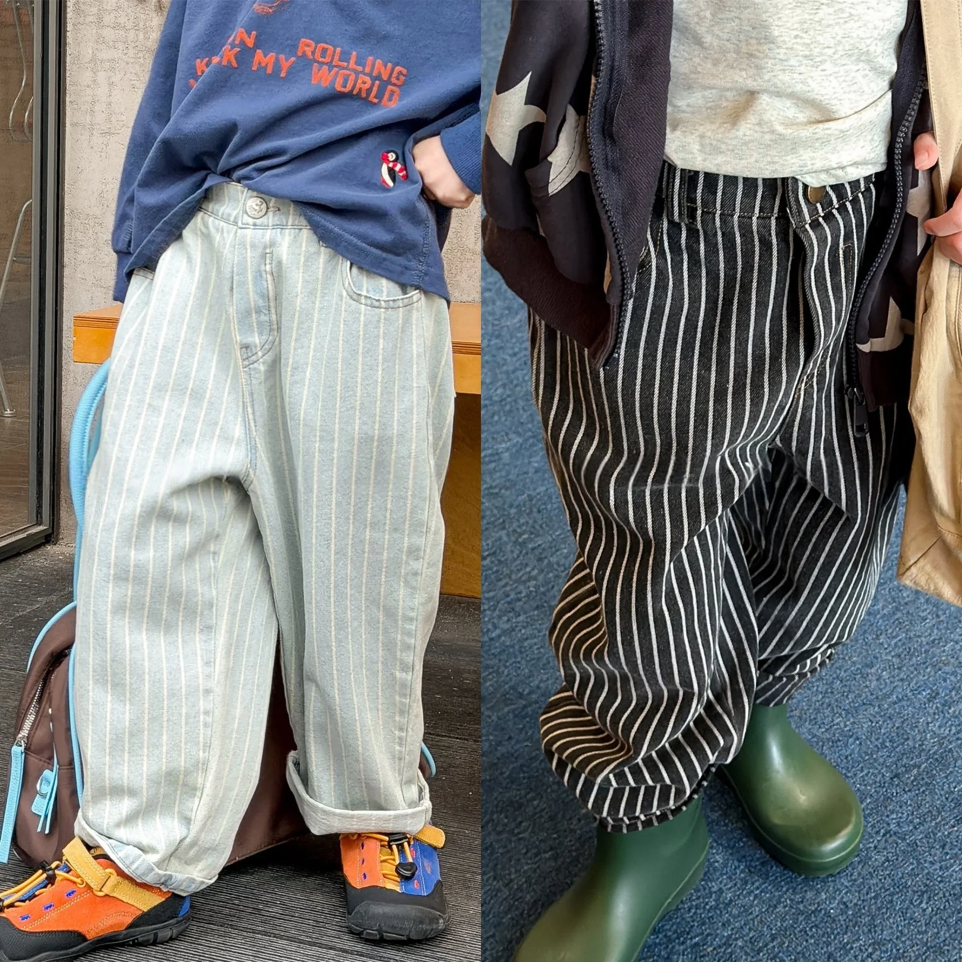 

Весенние детские хлопковые полосатые джинсы для детей от 1 до 6 лет, новинка 2023 года, джинсовые брюки с эластичной резинкой на талии и манжетами, детская мягкая модная одежда