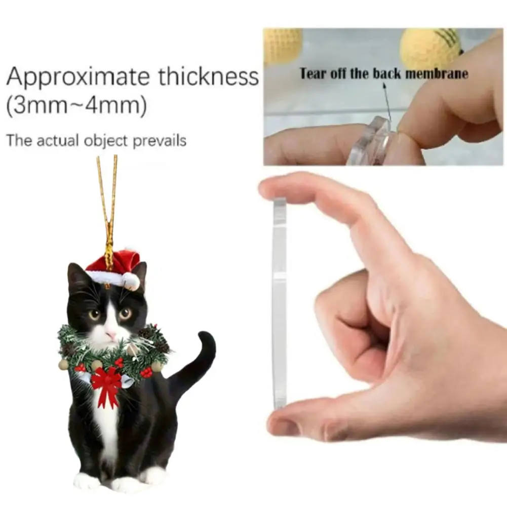 5PCS 2D Flat Acrylic Christmas Pendant Cat Xmas Wreath Bag Charm Pendant Car Hanging Ornament Funny Home Christmas Decoration