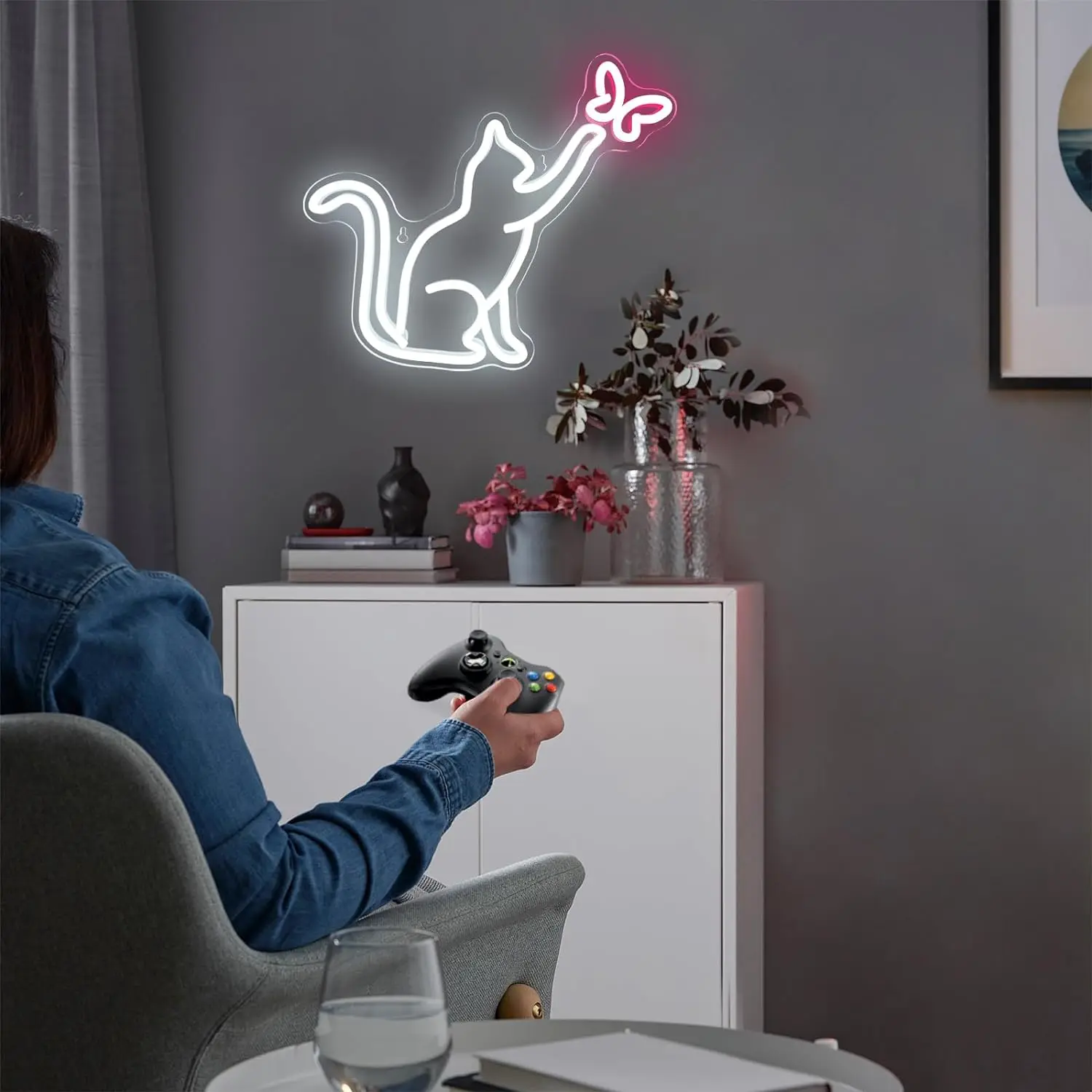 LED Cat Butterfly Neon Signs Lights USB Operated 3D Wall Art Home Decor Hanging Signs Lamp for Living Room Bedroom Gifts Kids